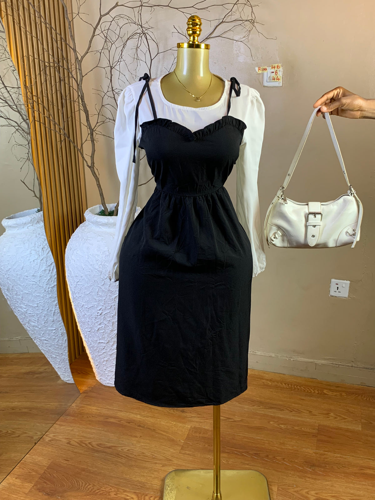 RINA46 SIZE6 Length44 white&black corporate dress