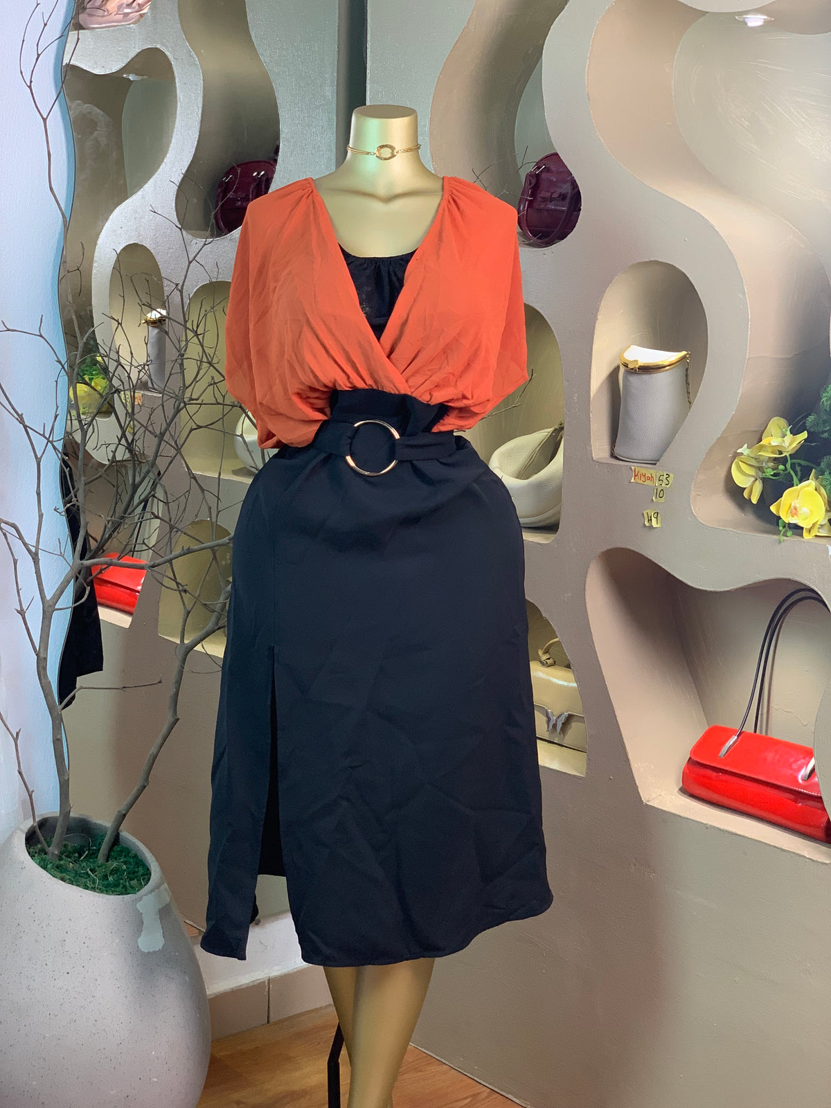 KIYAH53 SIZE10 Length49 black&orange dress