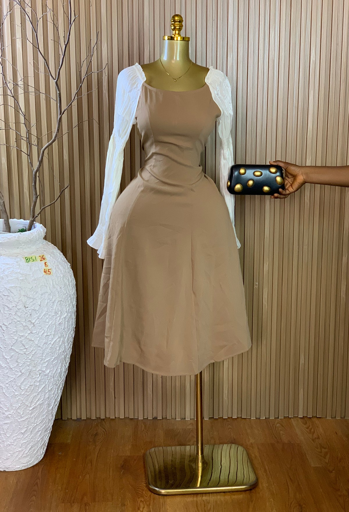 BISI26 SIZE8 Length45 brown&white corporate dress