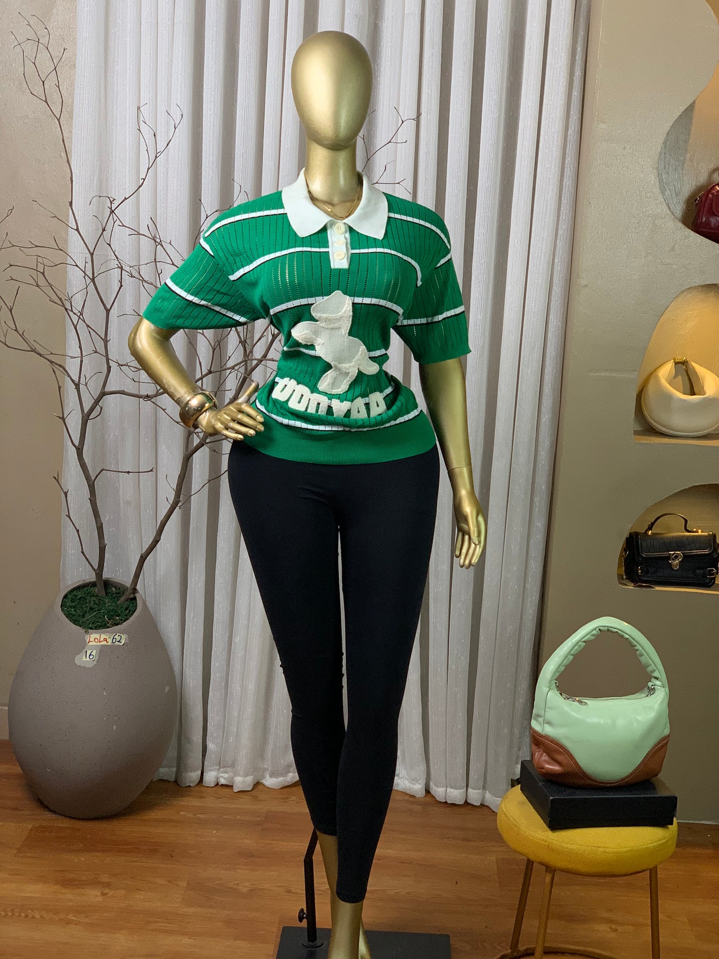 LOLA62 SIZE16 green&white knit top