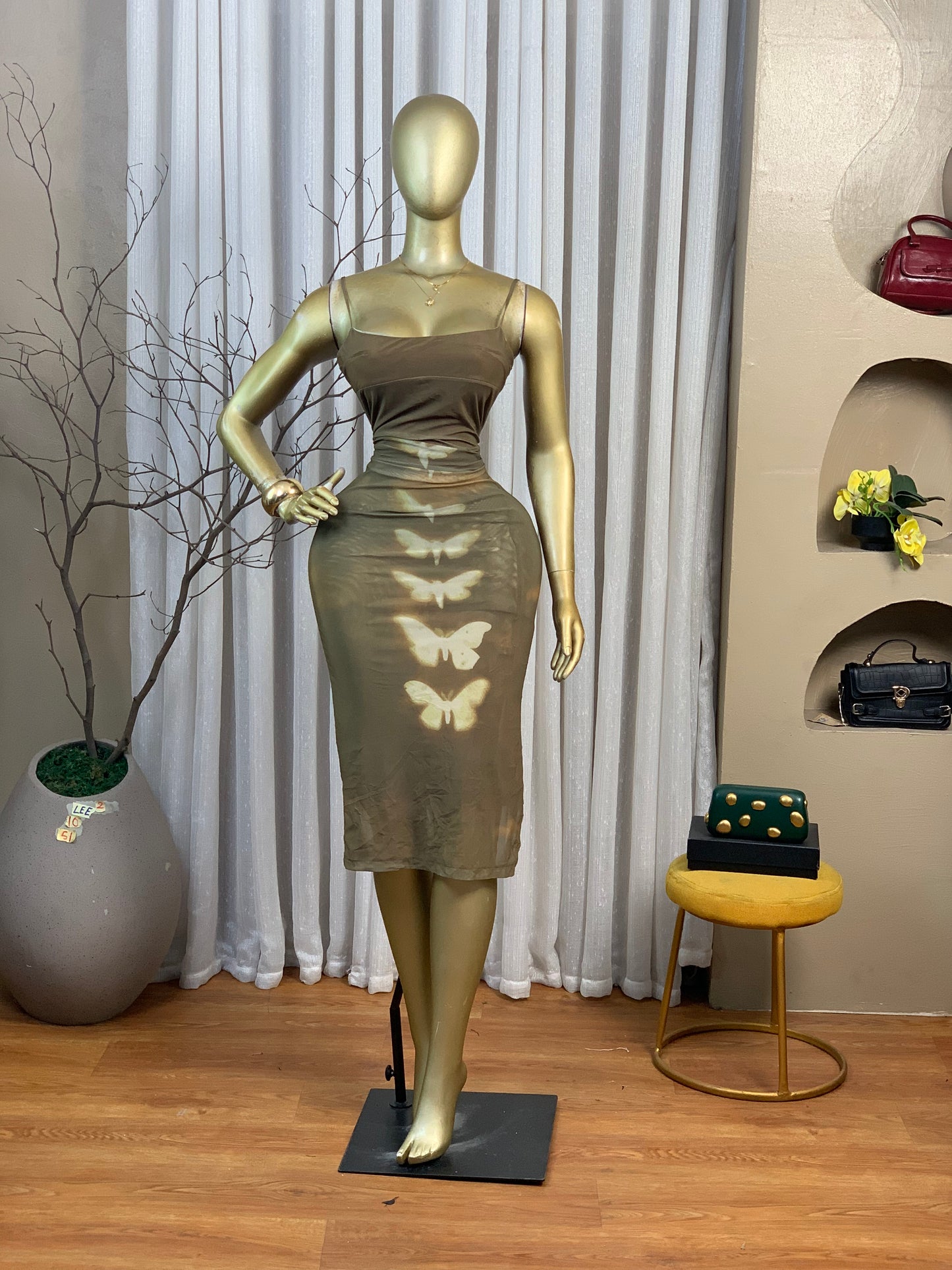 LEE2 SIZE10 Green mesh DRESS Length51