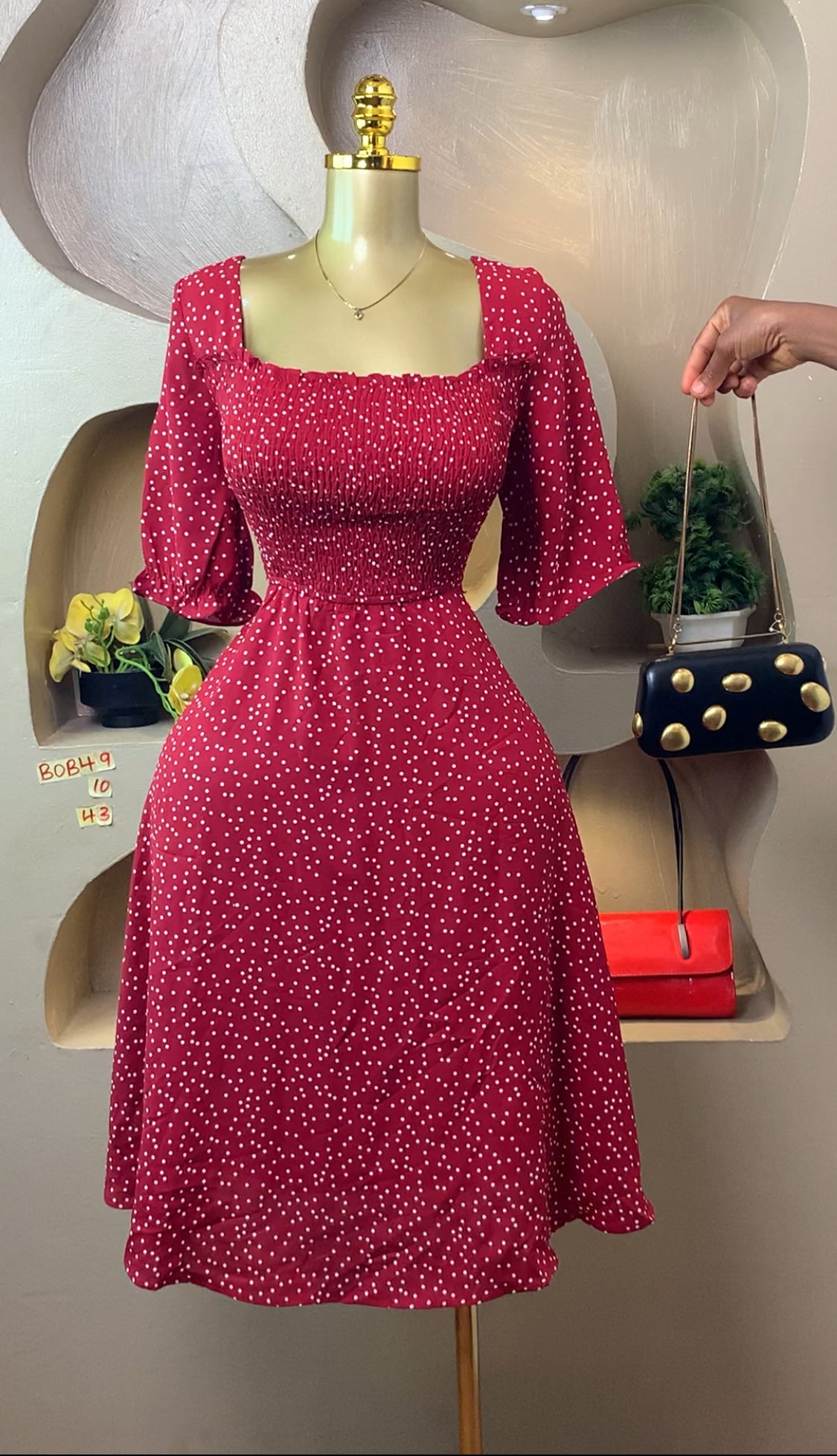 BOB49 SIZE10 Red&white polka dot DRESS Length43