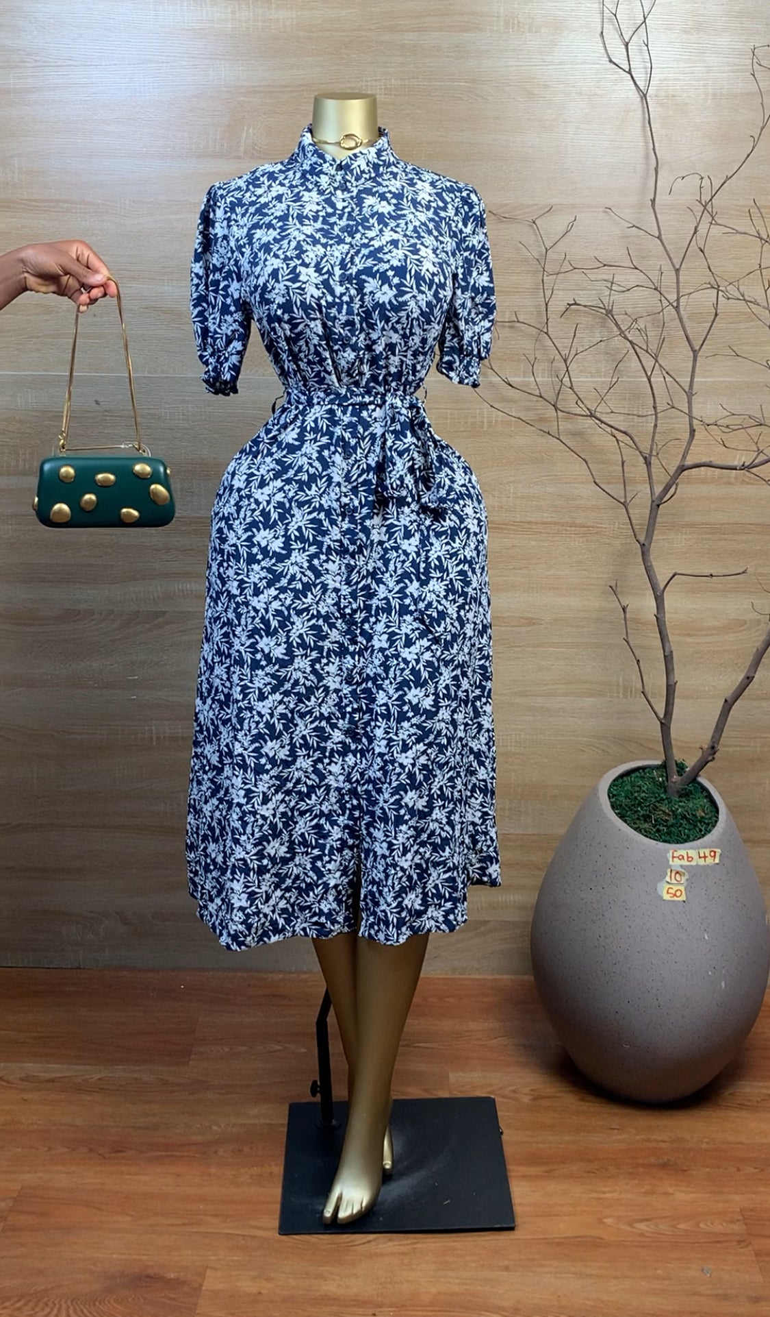 SIZE10 FAB49 Navyblue&white leaf print DRESS Length50