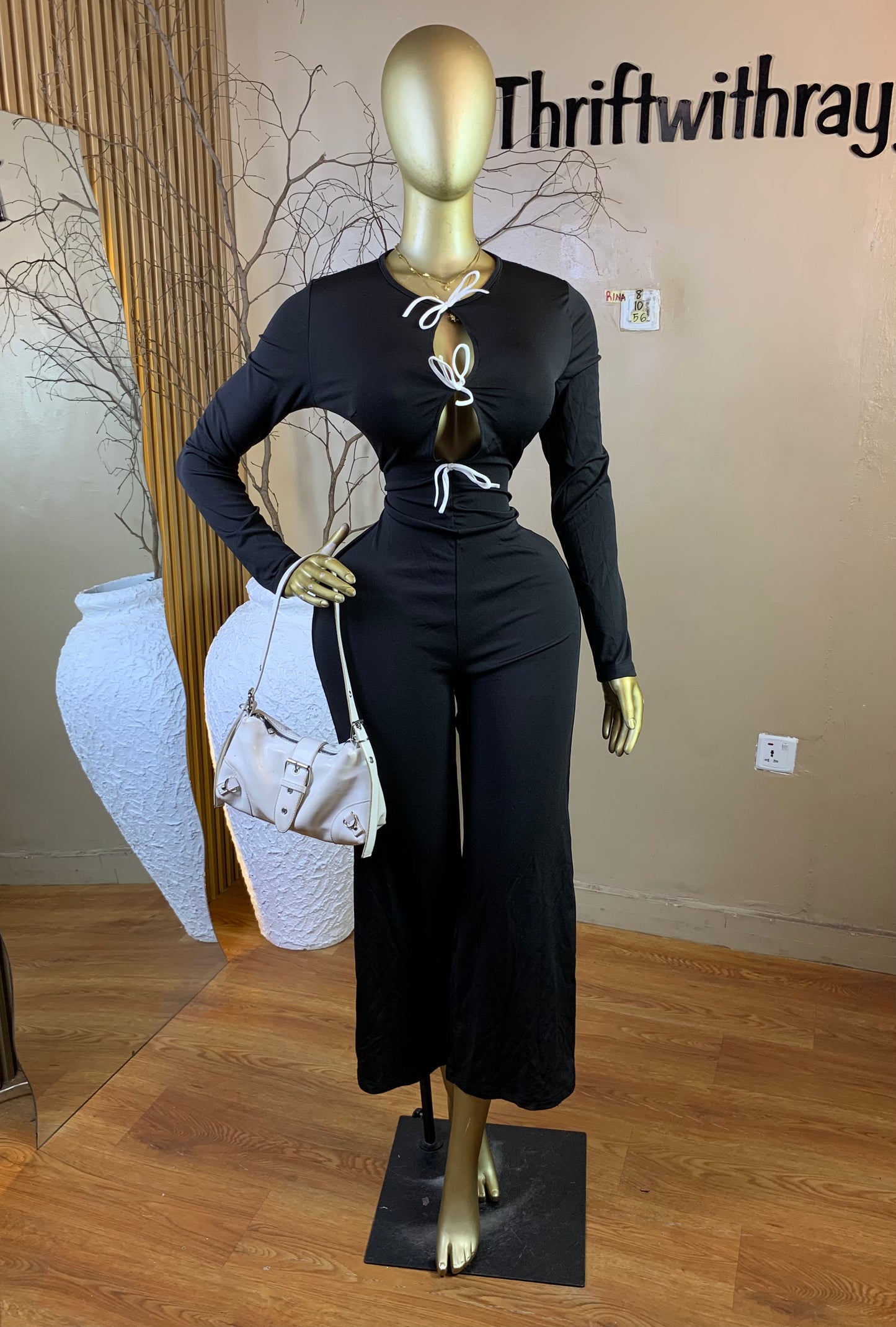 RINA8 SIZE10 Length56 black&white bow jumpsuit