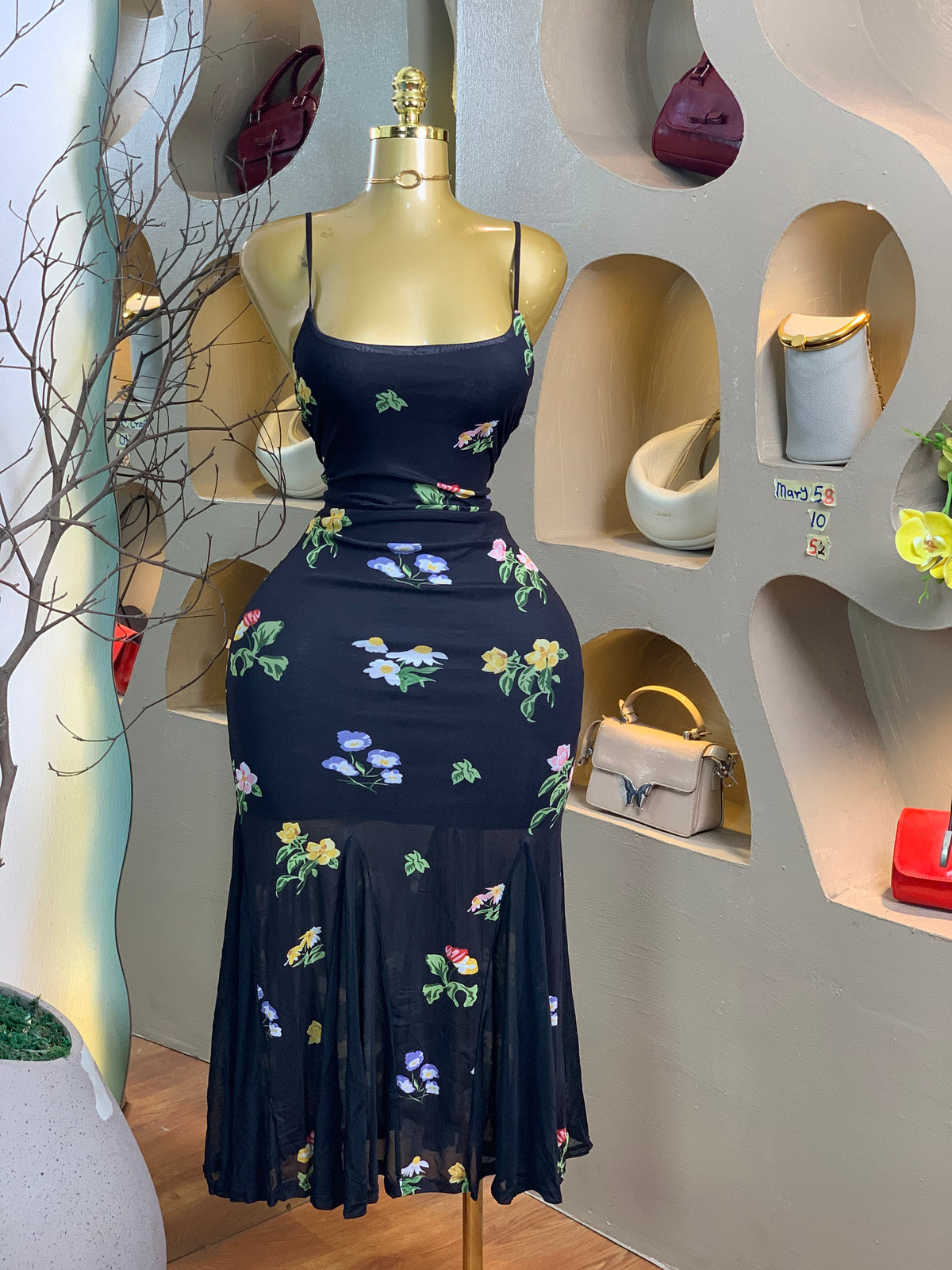 MARY58SIZE10 Black floral DRESS Length52
