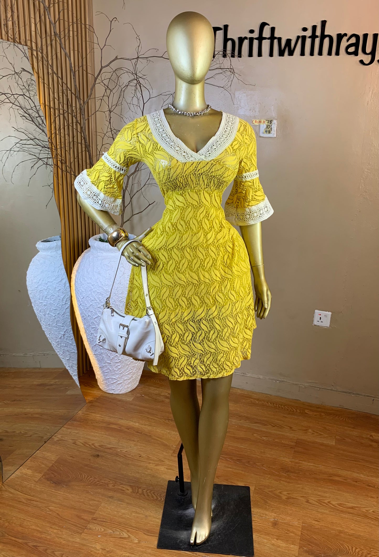 CRUNCH78 SIZE10 Length44 yellow&white dress