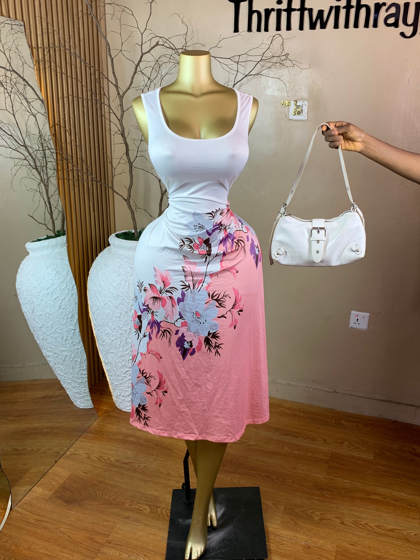 SIZE20 ALO7 PINK&WHITE FLORAL DRESS Length50