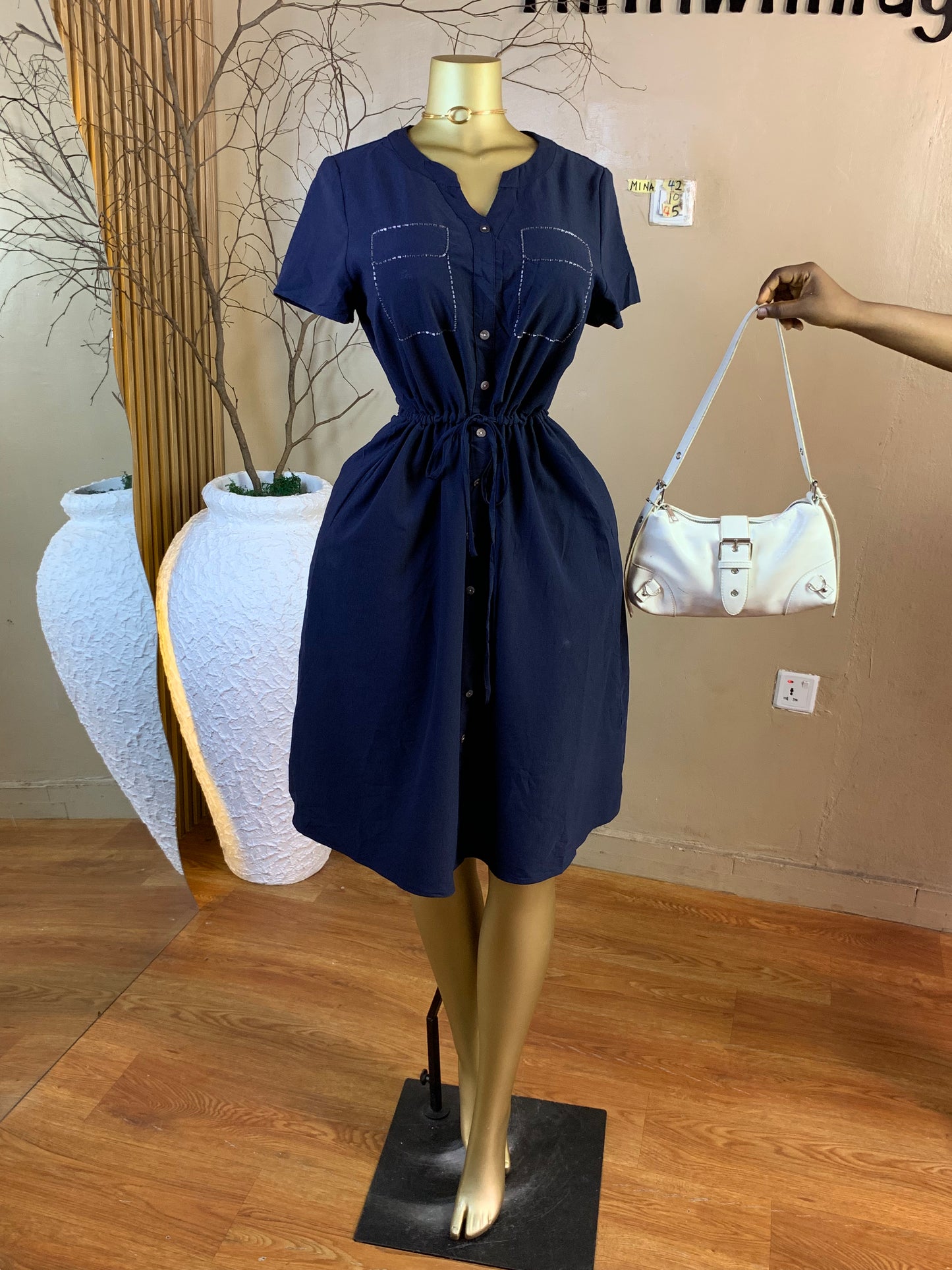 MINA42 SIZE10 Length45 navy blue dress