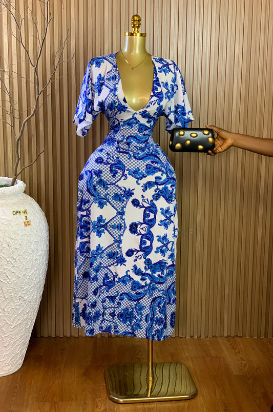 OPE41 SIZE8 Length32 white&blue dress