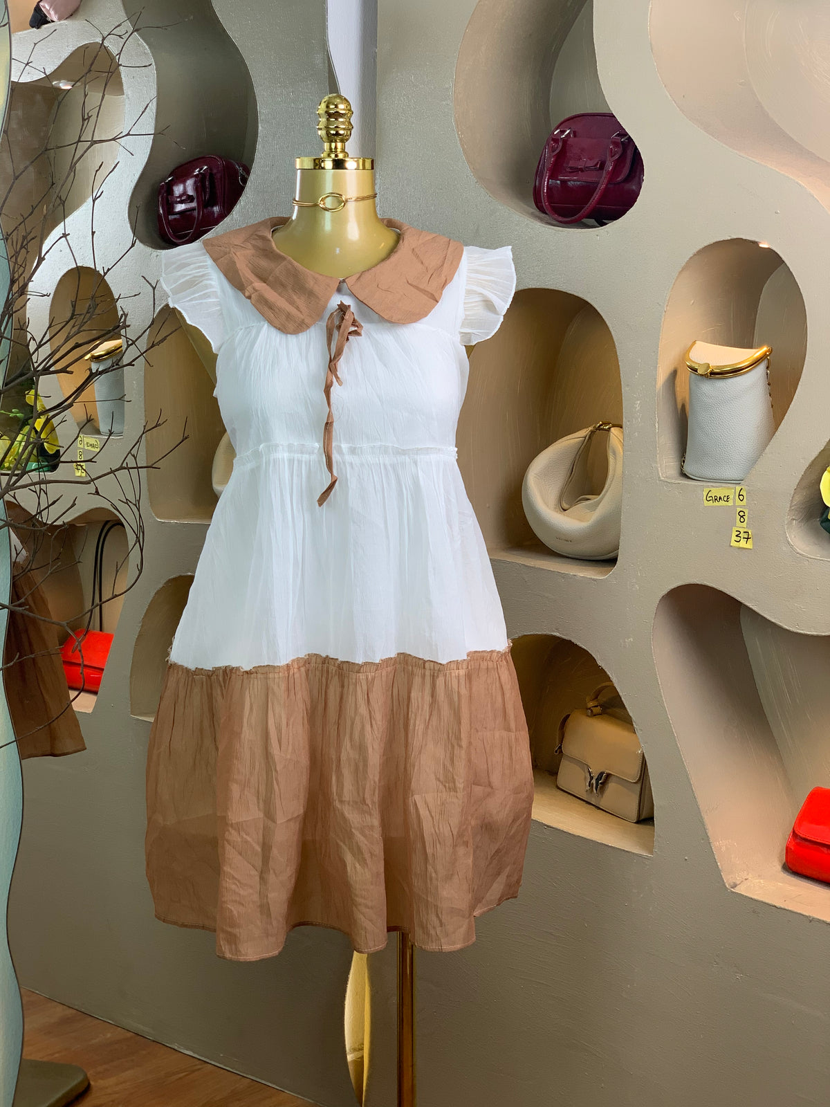 GRACE6 SIZE8 Length37 brown&white dress