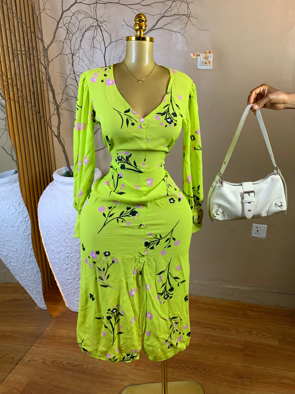 RINA57 SIZE8 Length49 lemon green dress