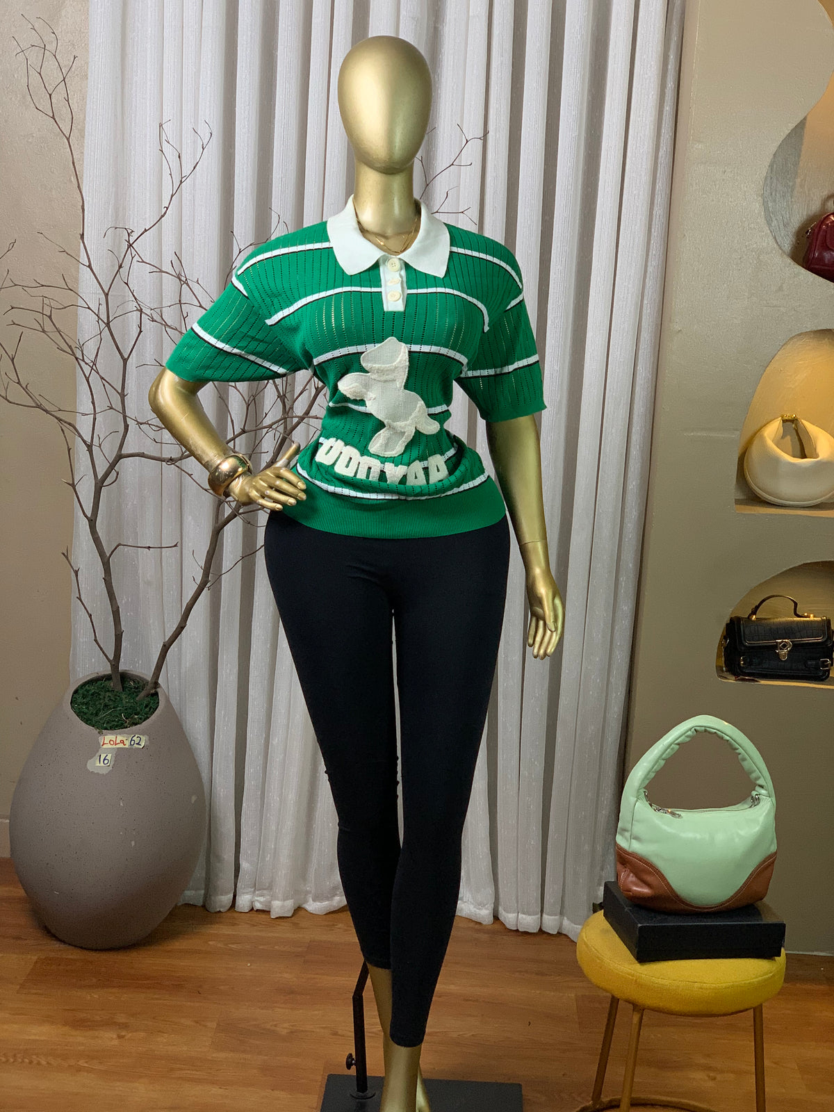 LOLA62 SIZE16 green&white knit top