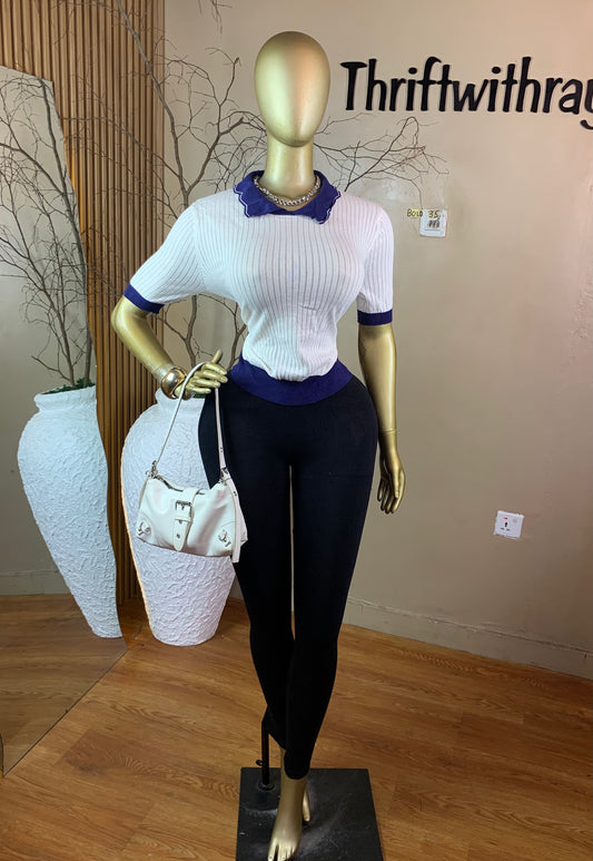 SIZE14 BOLD35 BLUE&WHITE KNIT TOP