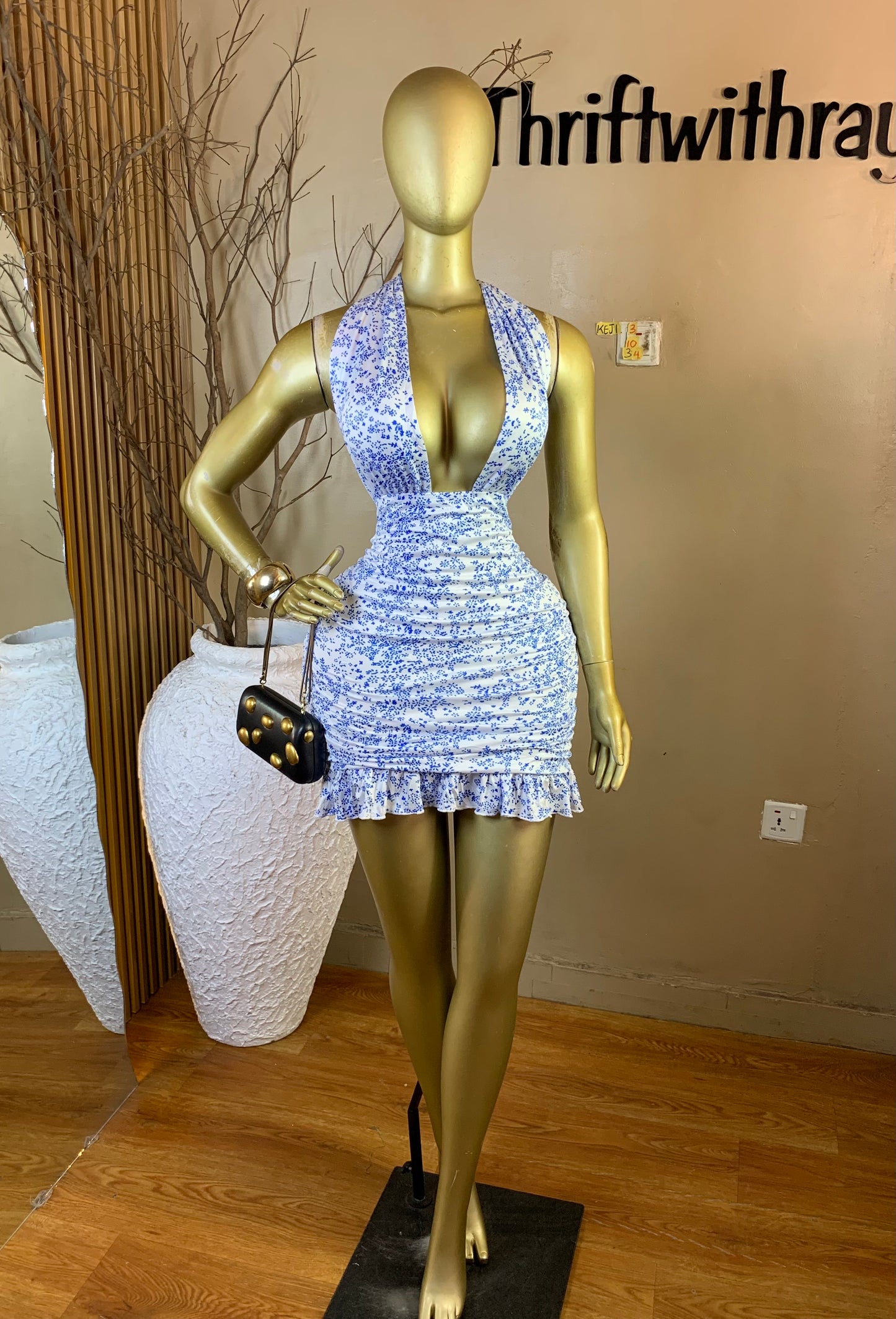 KEJI3 SIZE10 Length34 white&blue dress(Little stain)