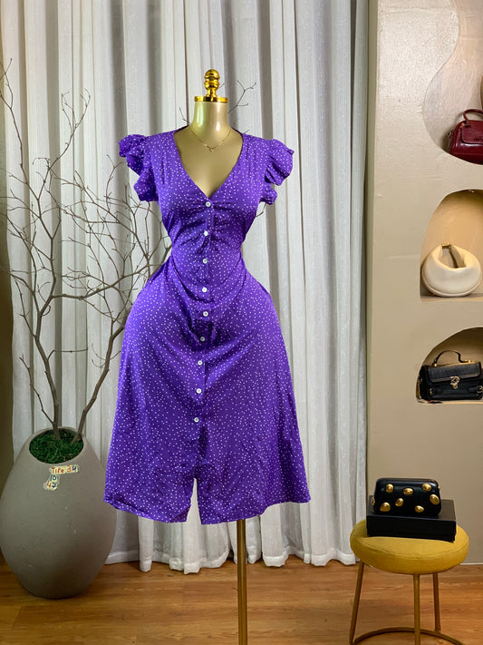 TIFE34 SIZE10 purple&white polka dot DRESS Length47