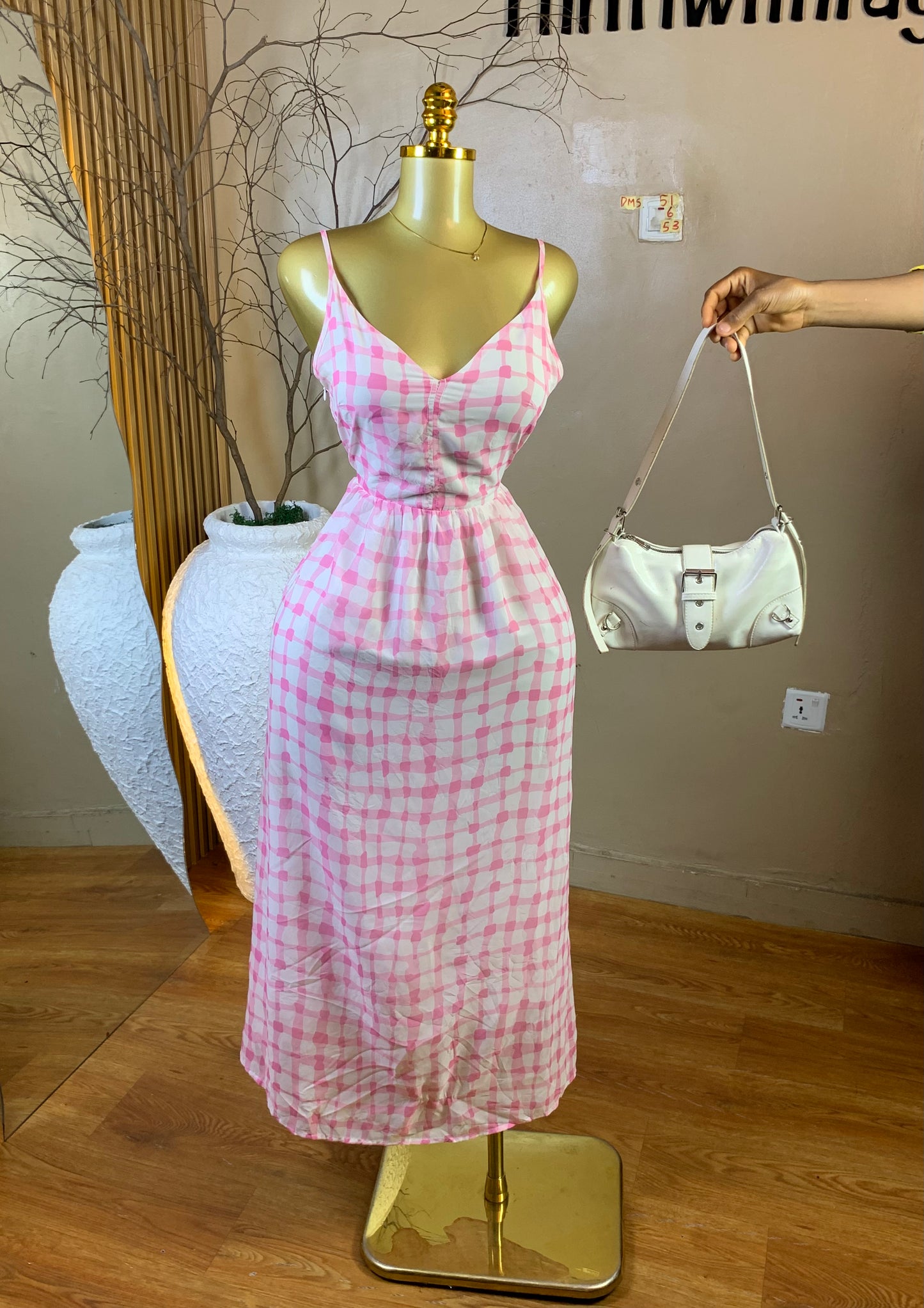 DAMSEL51 SIZE6 Length53 pink&white chiffon dress