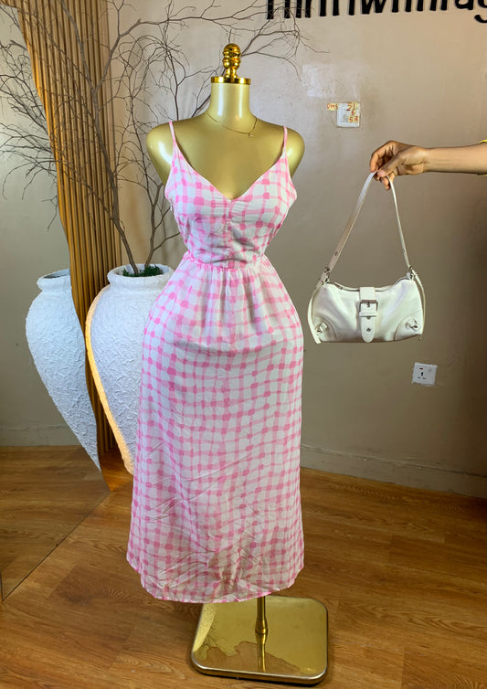 DAMSEL51 SIZE6 Length53 pink&white chiffon dress