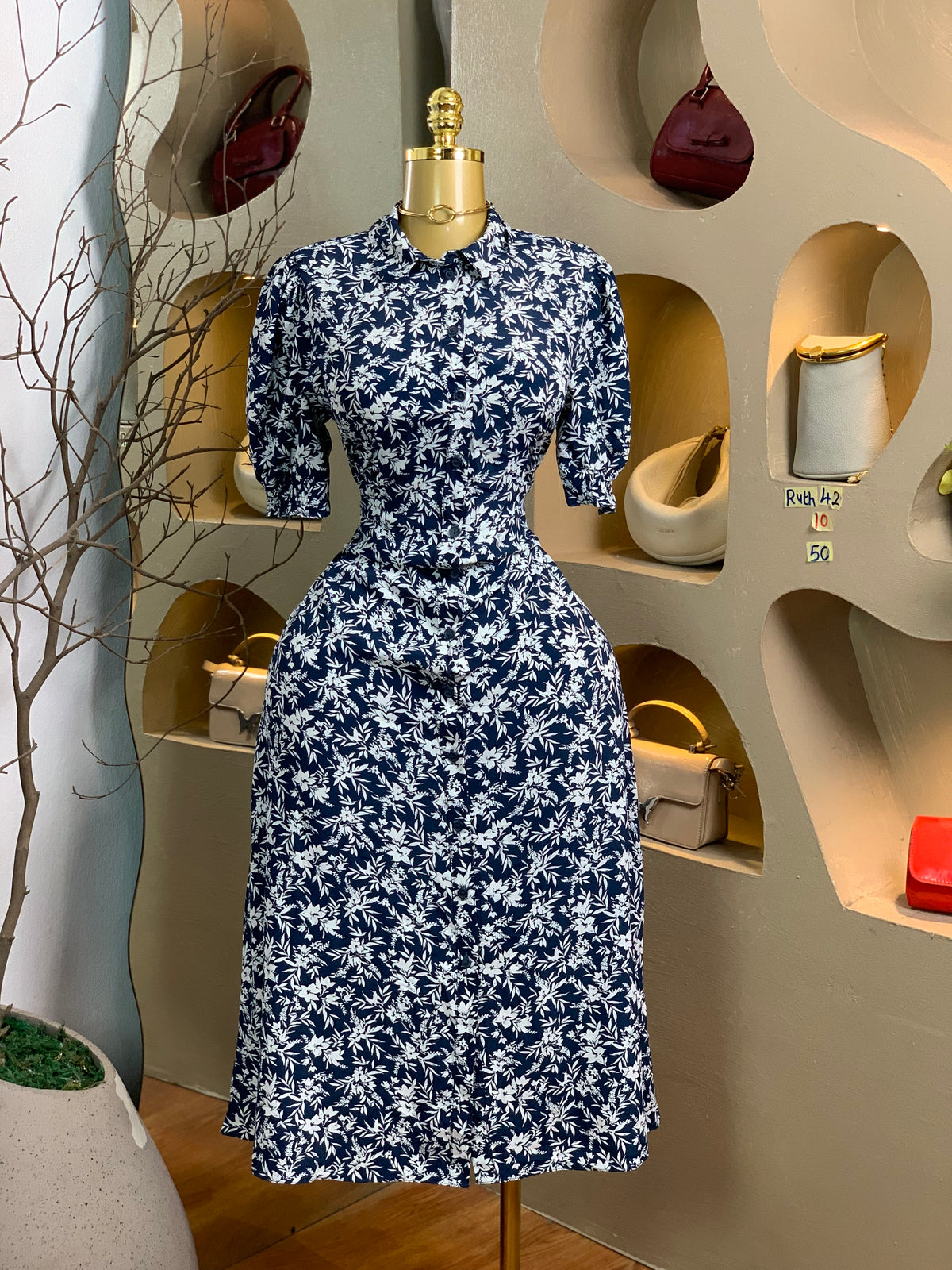 RUTH42 SIZE10 leaf print DRESS Length50