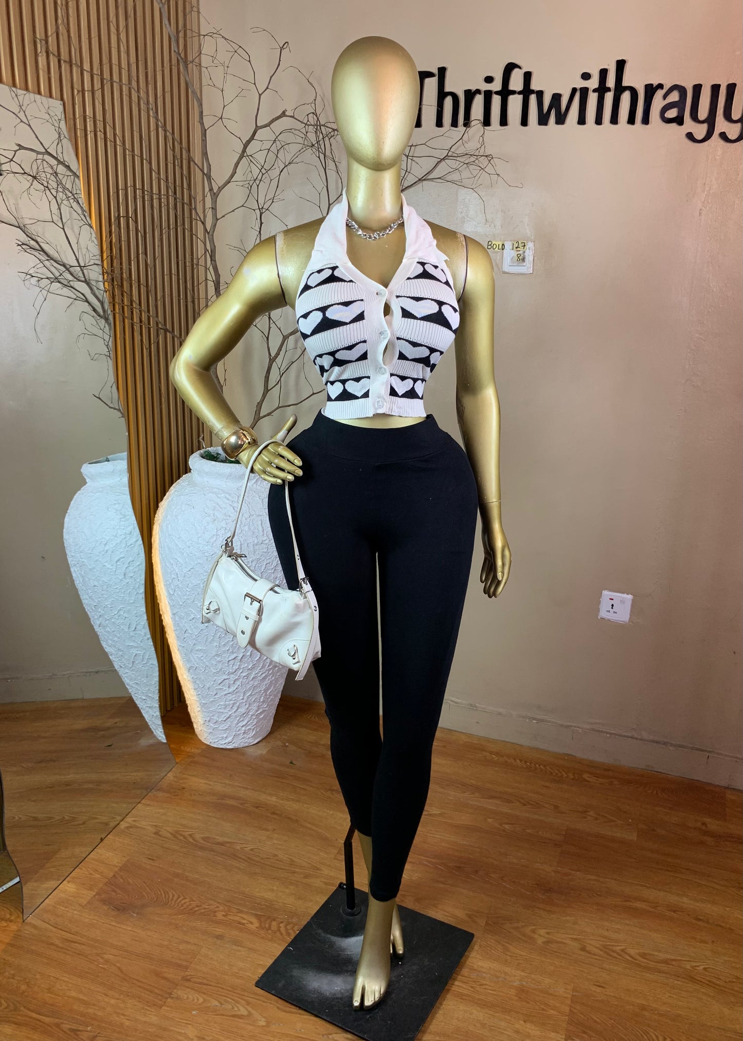 SIZE10 BOLD127 White&black backless knit top