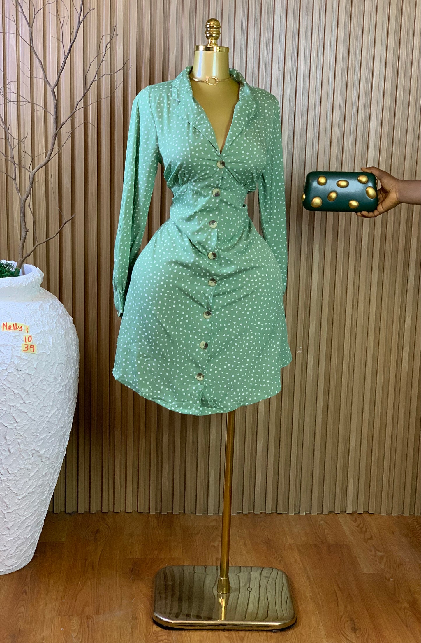 NELLY1 SIZE10 Length39 green polka dot dress