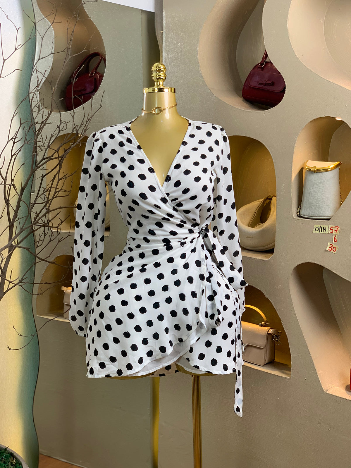 OYIN57 SIZE6 white&black polka dot wrap DRESS Length30