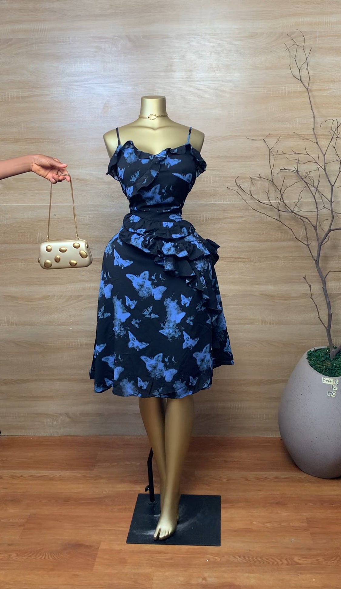 SIZE10 BELL6 Black&Blue Butterfly Dress Length50