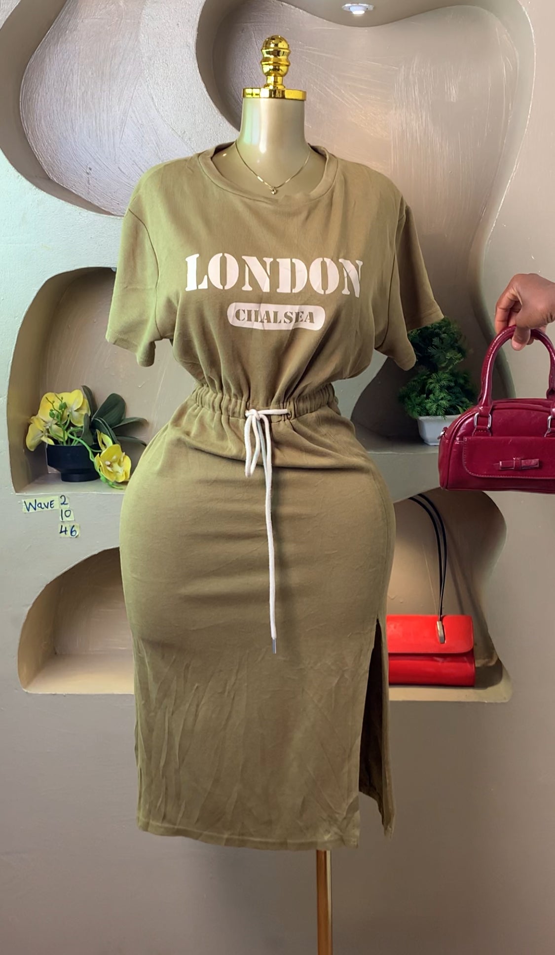 WAVE2 OLIVE GREEN DRESS SIZE10 Length46