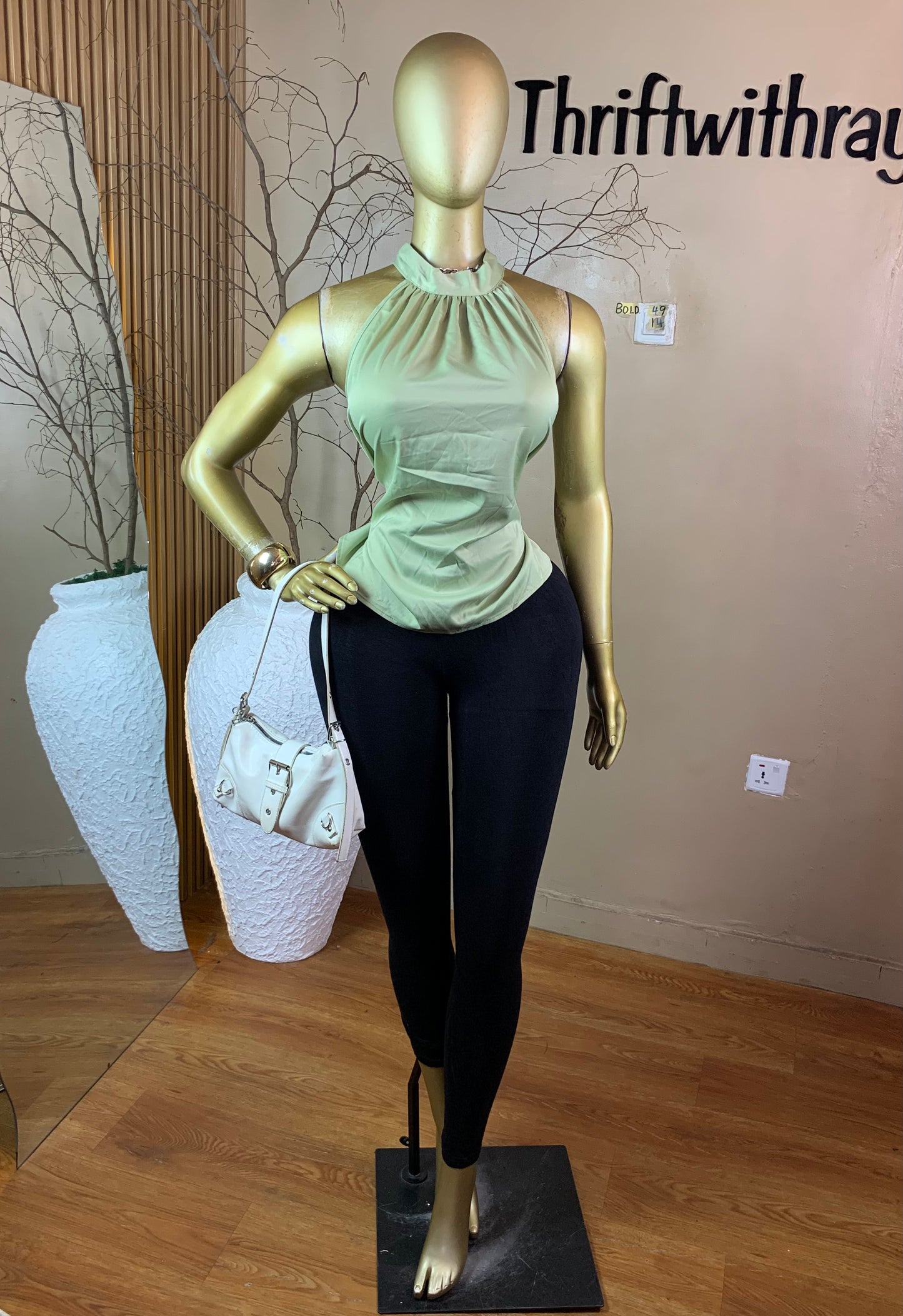 SIZE14 BOLD49 LIGHT GREEN SILK TOP