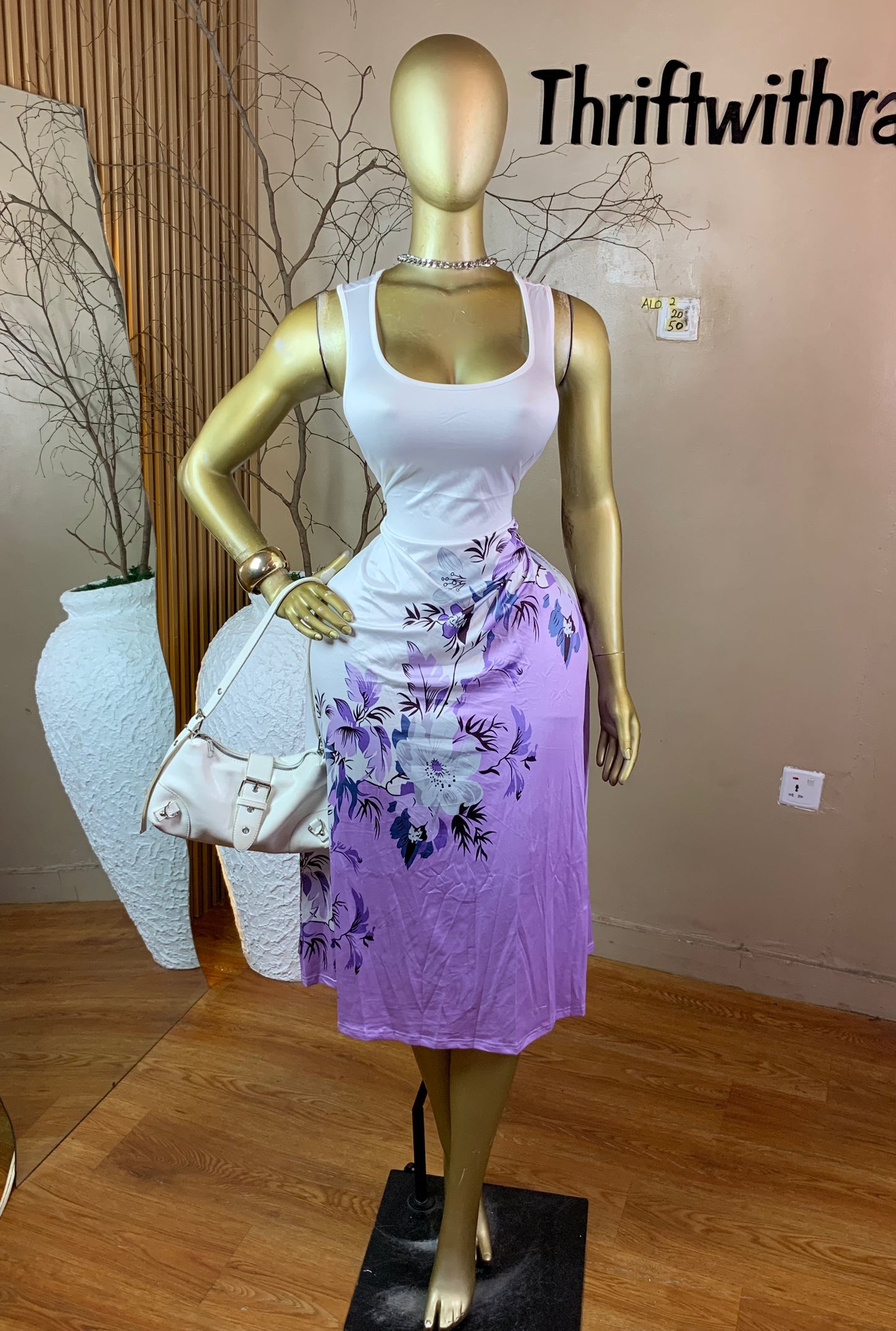 SIZE18&20 ALO2 PURPLE&WHITE DRESS Length50