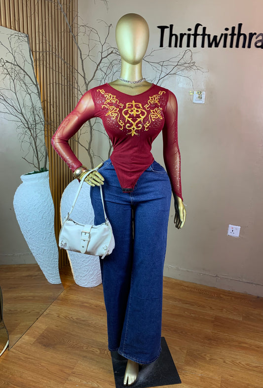 SIZE6 GIRL47 BURGUNDY MESH BODYSUIT ONLY