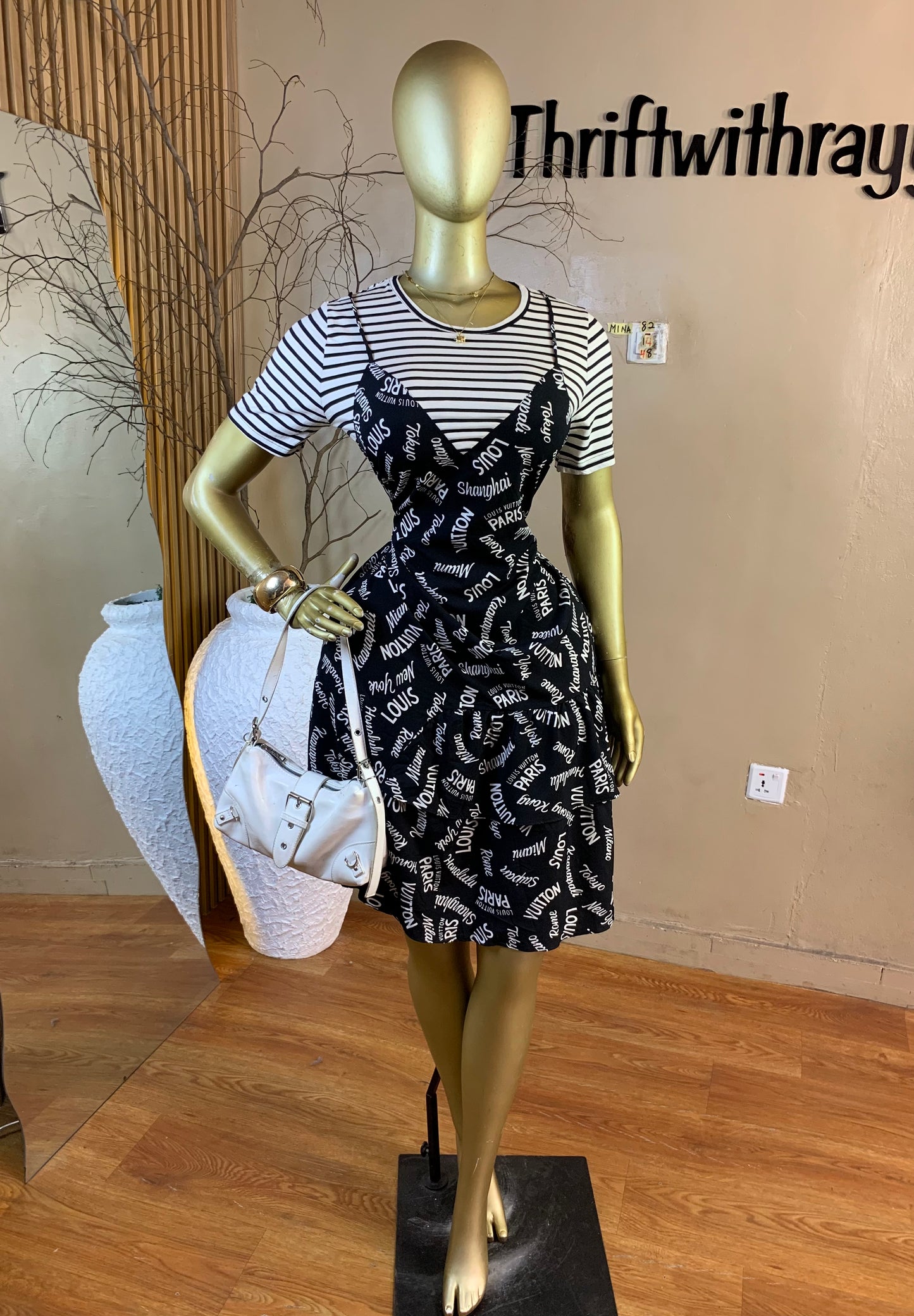 MINA82 SIZE14 Length48 white&black dress