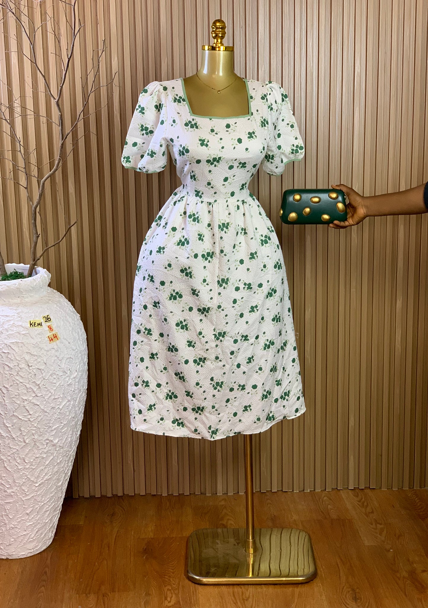 KEMI26 SIZE8 Length44 green&white dress