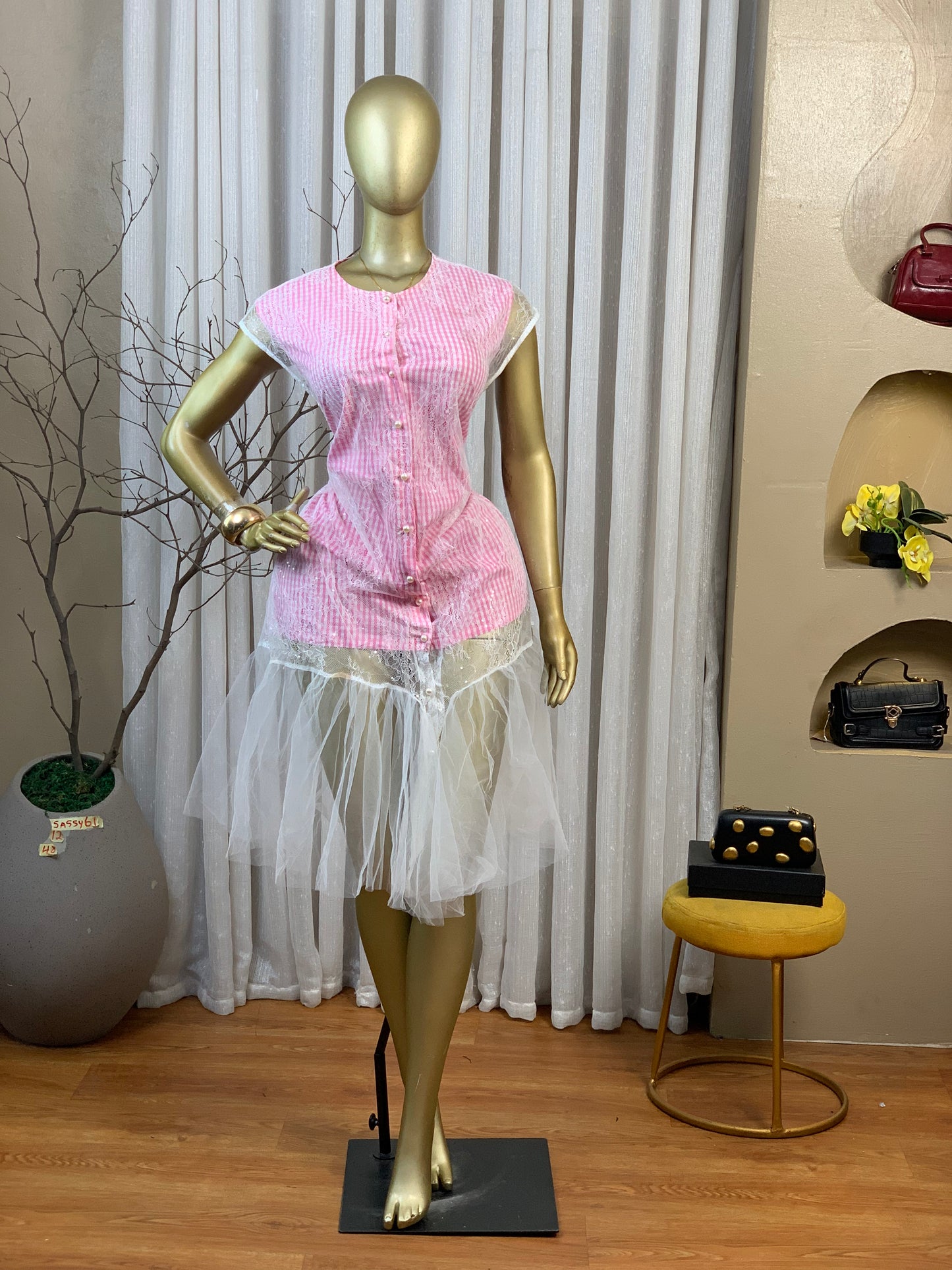 SASSY61 SIZE12 Pink&white DRESS Length48
