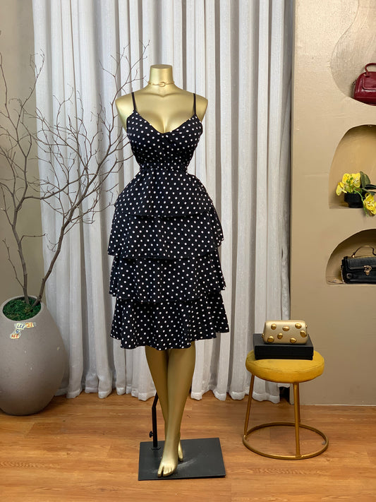 LEE21 SIZE8 Black&white polka dot DRESS Length46