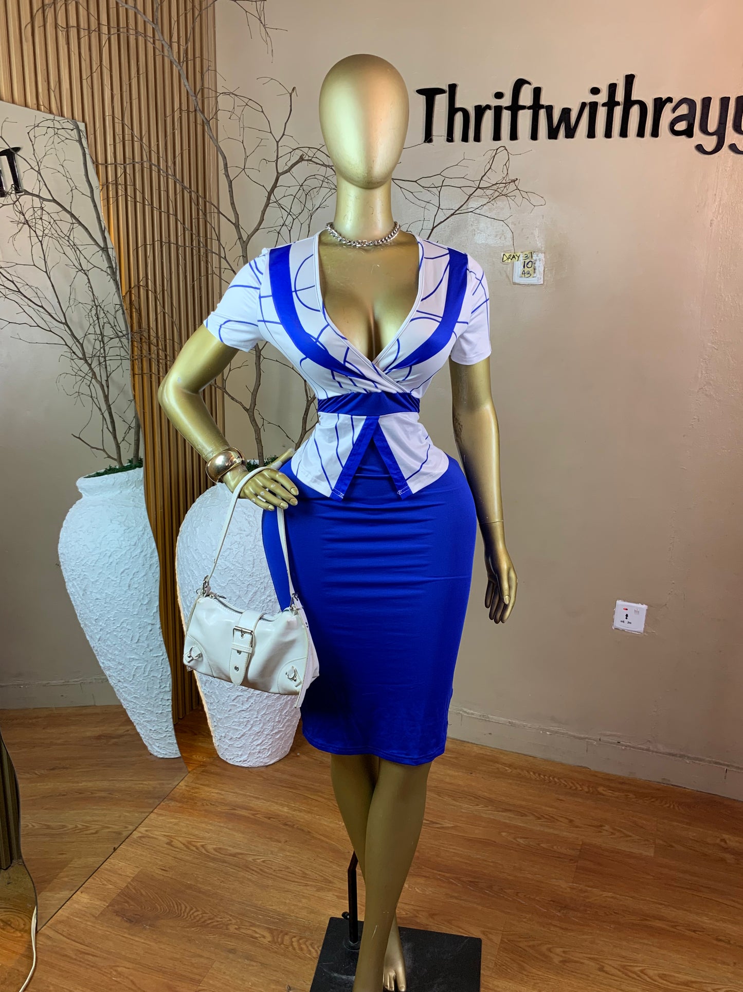 SIZE10 DRAY31 WHITE&BLUE CORPORATE DRESS Length43