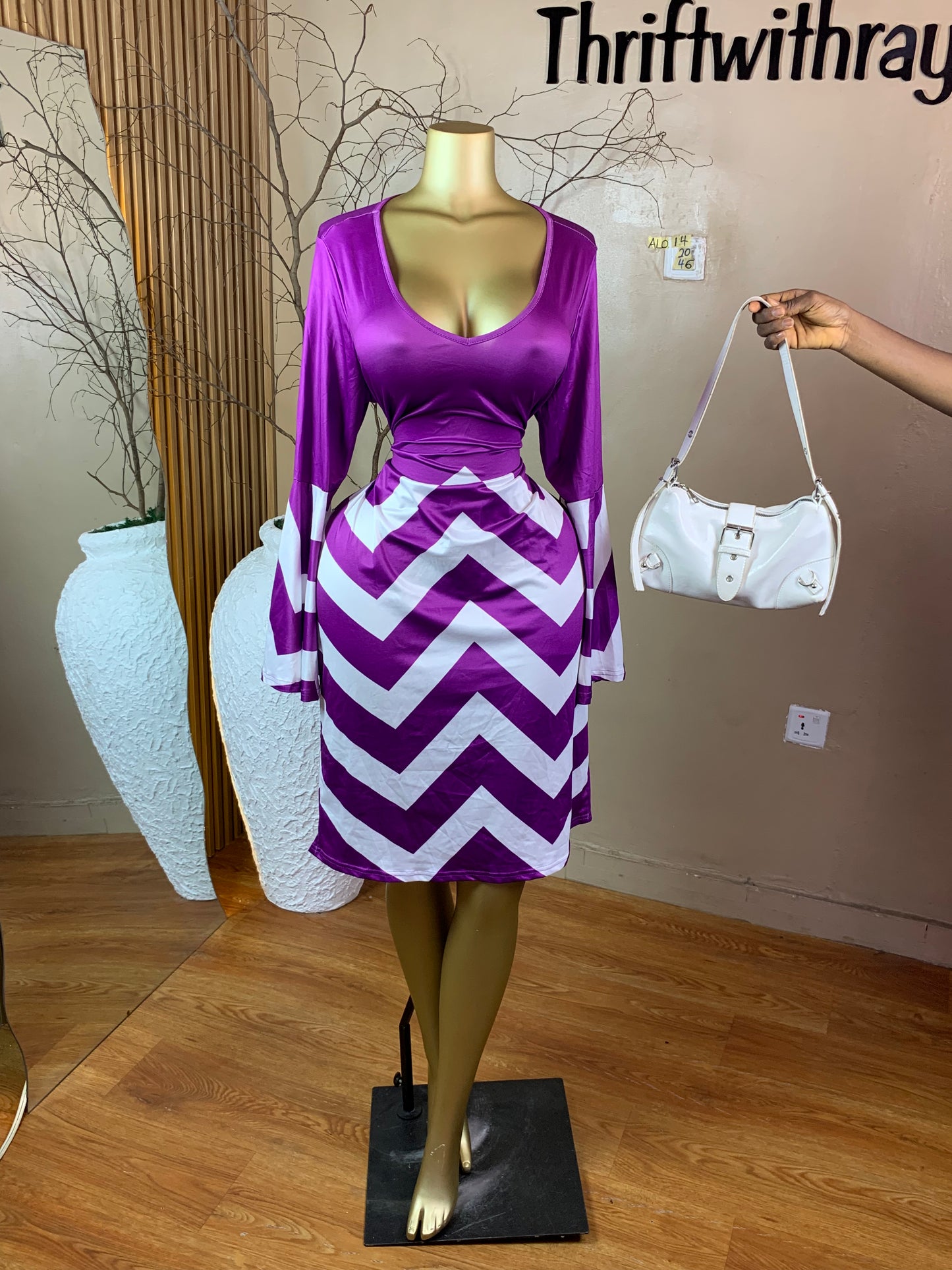 SIZE20 ALO14 PURPLE &WHITE DRESS Length46