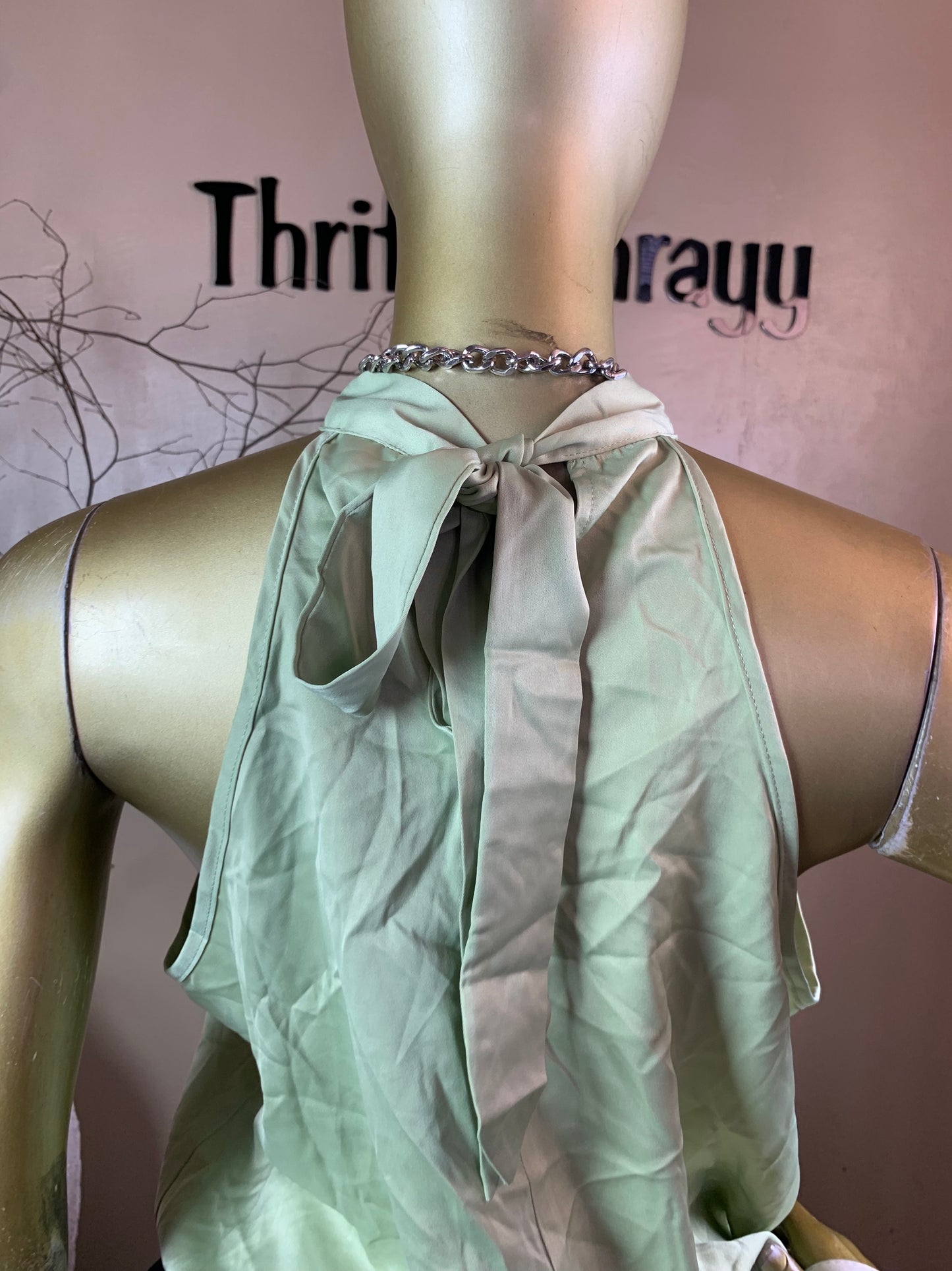 SIZE14 BOLD49 LIGHT GREEN SILK TOP