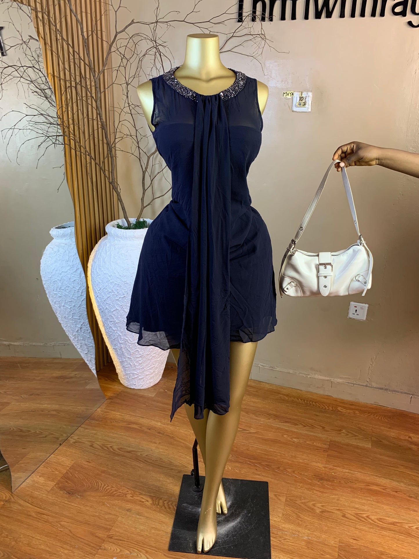 MAYA1 SIZE10 Length42 navy blue chiffon dress
